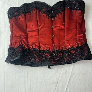 Red Satin Corset Top with Black Lace Trim